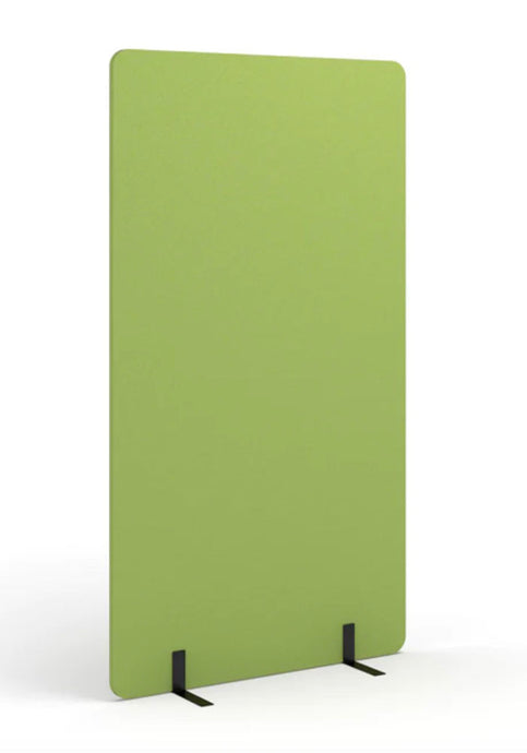 Green freestanding acoustic partition with black feet for stability