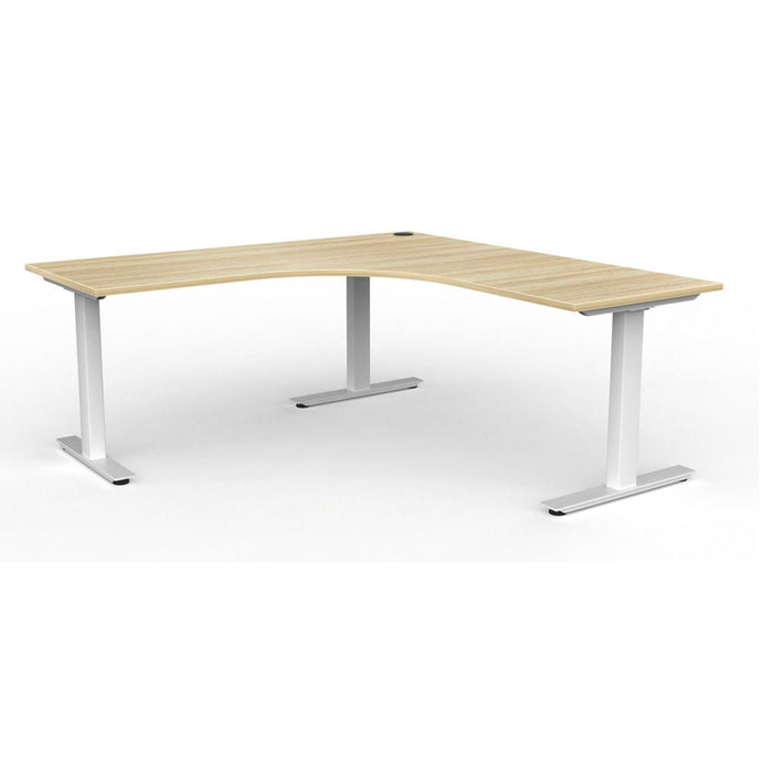 Agile corner workstation with wood look top and white powder coated legs