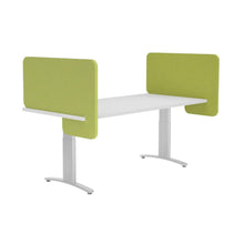 Load image into Gallery viewer, Apple green acoustic desk dividers mounted to the sides of a desk creating a sound and privacy barrier between workers