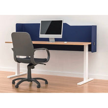 Load image into Gallery viewer, Navy acoustic desk screen in milford style, mounted to the back of a desk. Sitting above and below the desk and wraps around the sides for extra privacy
