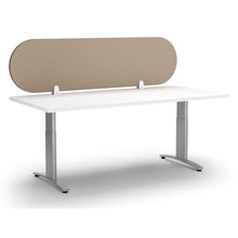 Load image into Gallery viewer, Dark camel acoustic desk screen with semi circle rounded edges mounted to a desk top