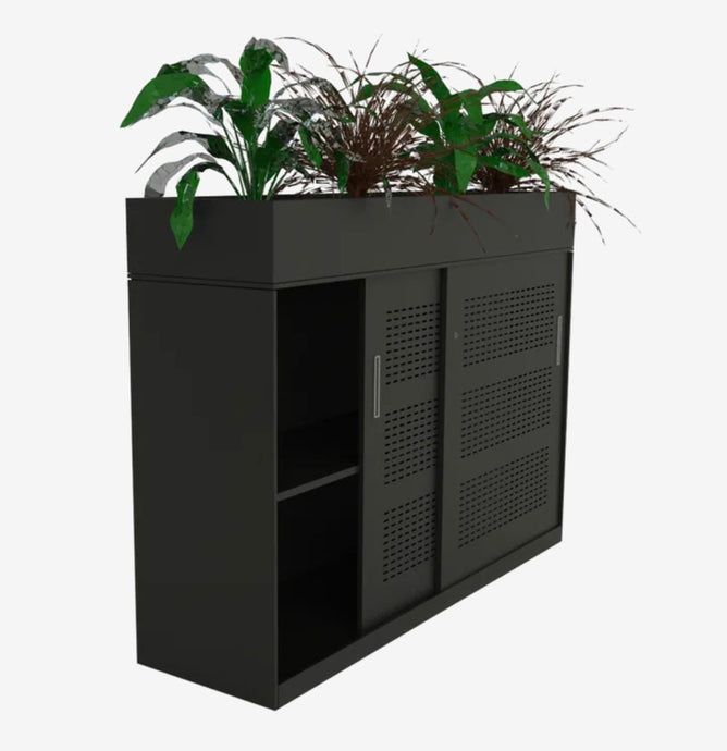 Mannex Black slider storage locker with planter box attached on top