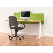 Load image into Gallery viewer, Apple green acoustic modesty panel in milford style mounted to the back of a desk - sits above and below desk to create extra privacy