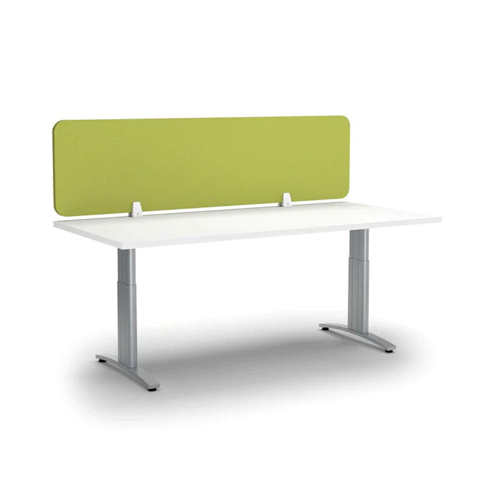 Apple green acoustic desk screen mounted and sitting on top of desk