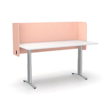 Load image into Gallery viewer, Blush pink acoustic desk screen pod, mounted to the back of a desk sitting above and below the desk and around the sides for extra privacy
