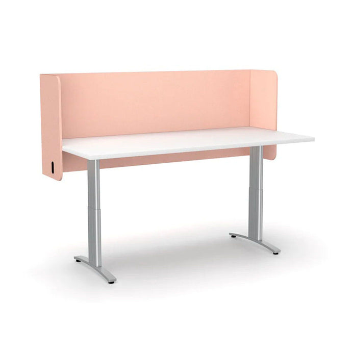 Blush pink acoustic desk screen pod, mounted to the back of a desk sitting above and below the desk and around the sides for extra privacy