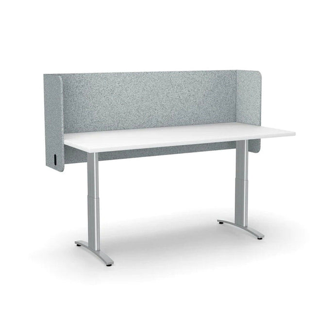 Silvery grey acoustic desk screen mounted to the back  of a desk. Sits above and below the desk and wraps around the sides for extra privacy
