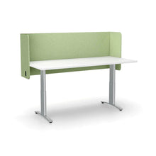 Load image into Gallery viewer, Leaf green acoustic desk screen, mounted to the back of a desk. Sits above and below the desk and wraps around the sides for additional privacy
