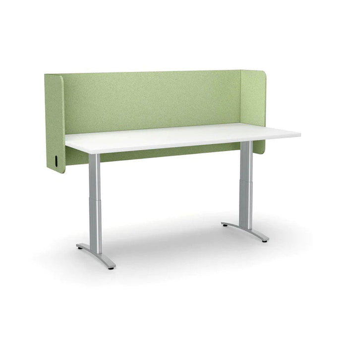 Leaf green acoustic desk screen, mounted to the back of a desk. Sits above and below the desk and wraps around the sides for additional privacy