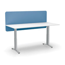 Load image into Gallery viewer, Sky blue acoustic modesty panel mounted to the back of a desk 400mm above desk and 200mm below desk to create privacy
