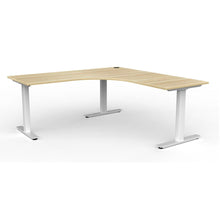 Load image into Gallery viewer, Agile corner workstation with wood look top and white powder coated legs
