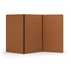 Three hinged freestanding acoustic panels in dark camel