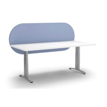 Load image into Gallery viewer, Sky blue acoustic modesty panel with semi circle rounded edges, mounted to the back of a desk sitting 400mm above and 200mm below to create extra privacy
