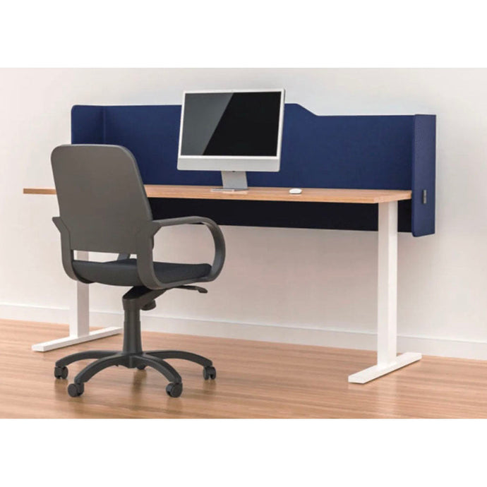 Navy acoustic desk screen in milford style, mounted to the back of a desk. Sitting above and below the desk and wraps around the sides for extra privacy