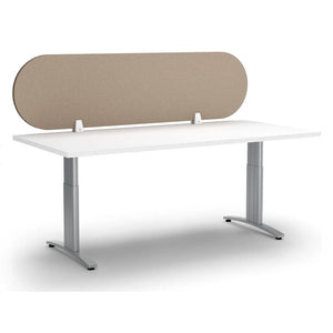 Dark camel acoustic desk screen with semi circle rounded edges mounted to a desk top