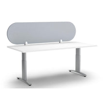 Load image into Gallery viewer, Grey acoustic desk screen with semi circle rounded sides mounted to a desk top
