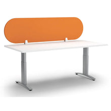 Load image into Gallery viewer, Orange acoustic desk screen with rounded semi circle sides mounted to desktop
