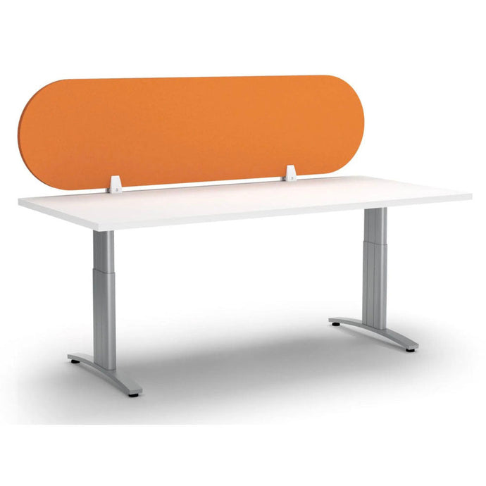 Orange acoustic desk screen with rounded semi circle sides mounted to desktop