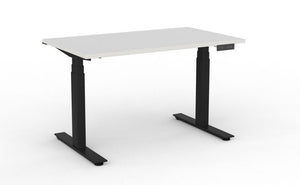 Electric sit stand desk with white top and black legs