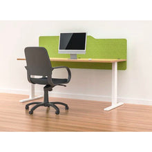 Load image into Gallery viewer, Apple green acoustic modesty panel in milford style mounted to the back of a desk.  Panel sits above and below desk to create extra privacy
