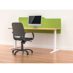 Apple green acoustic modesty panel in milford style mounted to the back of a desk.  Panel sits above and below desk to create extra privacy