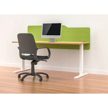 Load image into Gallery viewer, Apple green acoustic modesty panel in milford style mounted to the back of a desk - sits above and below desk to create extra privacy
