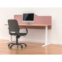 Load image into Gallery viewer, Pink blush acoustic modesty panel in millford style mounted to the back of a desk - sits above and below desk to create extra privacy
