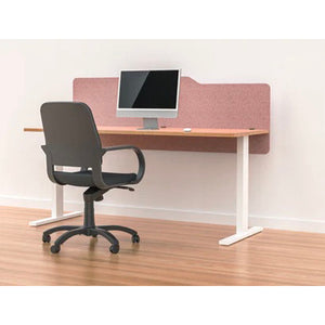 Pink blush acoustic modesty panel in millford style mounted to the back of a desk - sits above and below desk to create extra privacy