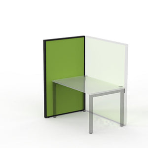 Apple green Studio 50 acoustic screen mounted to the side of a desk sitting above the desk and down to the floor