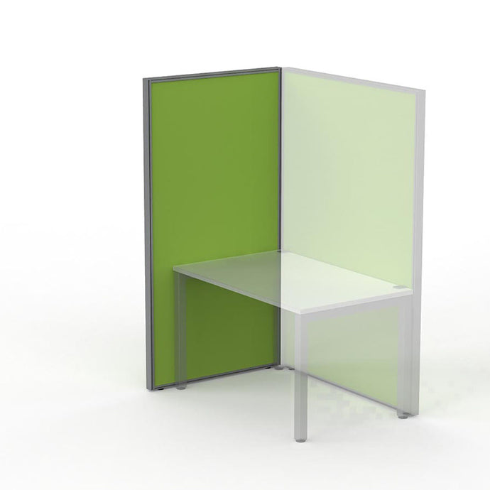 Apple green Studio 50 acoustic screen mounted to the side of a desk sitting above the desk and down to the floor