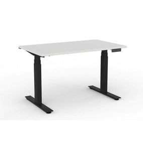 Electric sit stand desk with white top and black legs