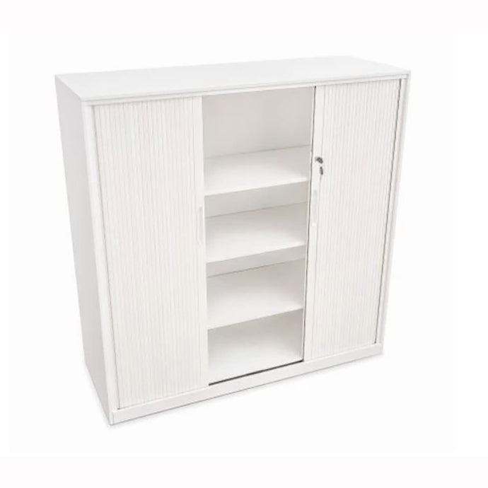 Proceed tambour with doors open and showing 3 shelves insided