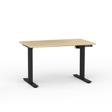 Load image into Gallery viewer, Electric sit stand desk with oak look top and black legs
