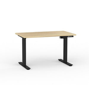 Electric sit stand desk with oak look top and black legs