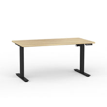Load image into Gallery viewer, Electric sit stand desk with oak look top and black legs  Edit alt text
