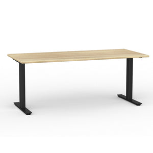 Agile fixed height desk with black powder coated legs and wood look top