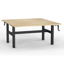 Load image into Gallery viewer, Double sided oak look desk at the same height to create a collaborative work table, showing individual controls for each side allowing individual height adjustment
